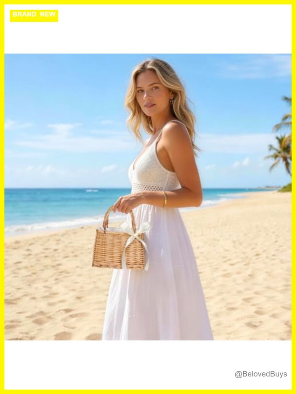 Rattan Straw Tote Bag, Boho Beach Purse with Top Handles & Satin Ribbon - Picture 2 of 7